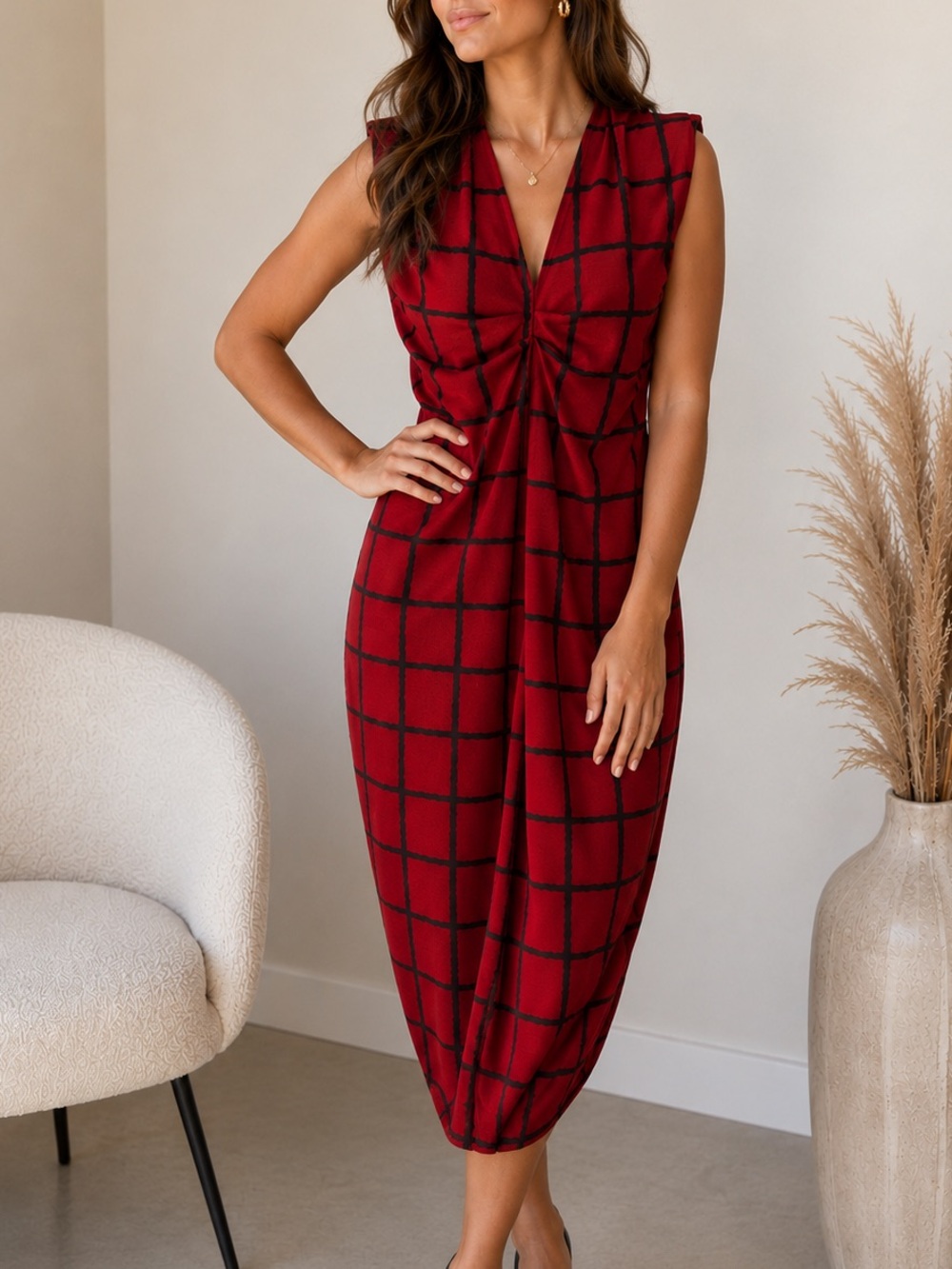Zara Red and Black Windowpane Twist-Front Midi Dress